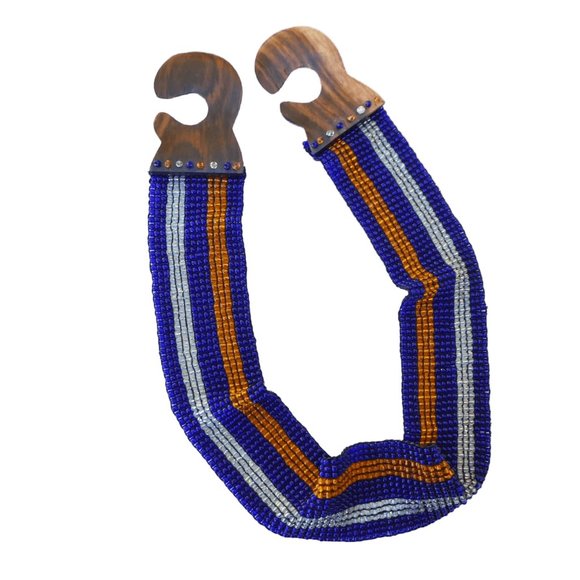 Vintage Beaded Horizonal Striped Stretchy Belt Wood Grain Interlocking Buckle main image 5